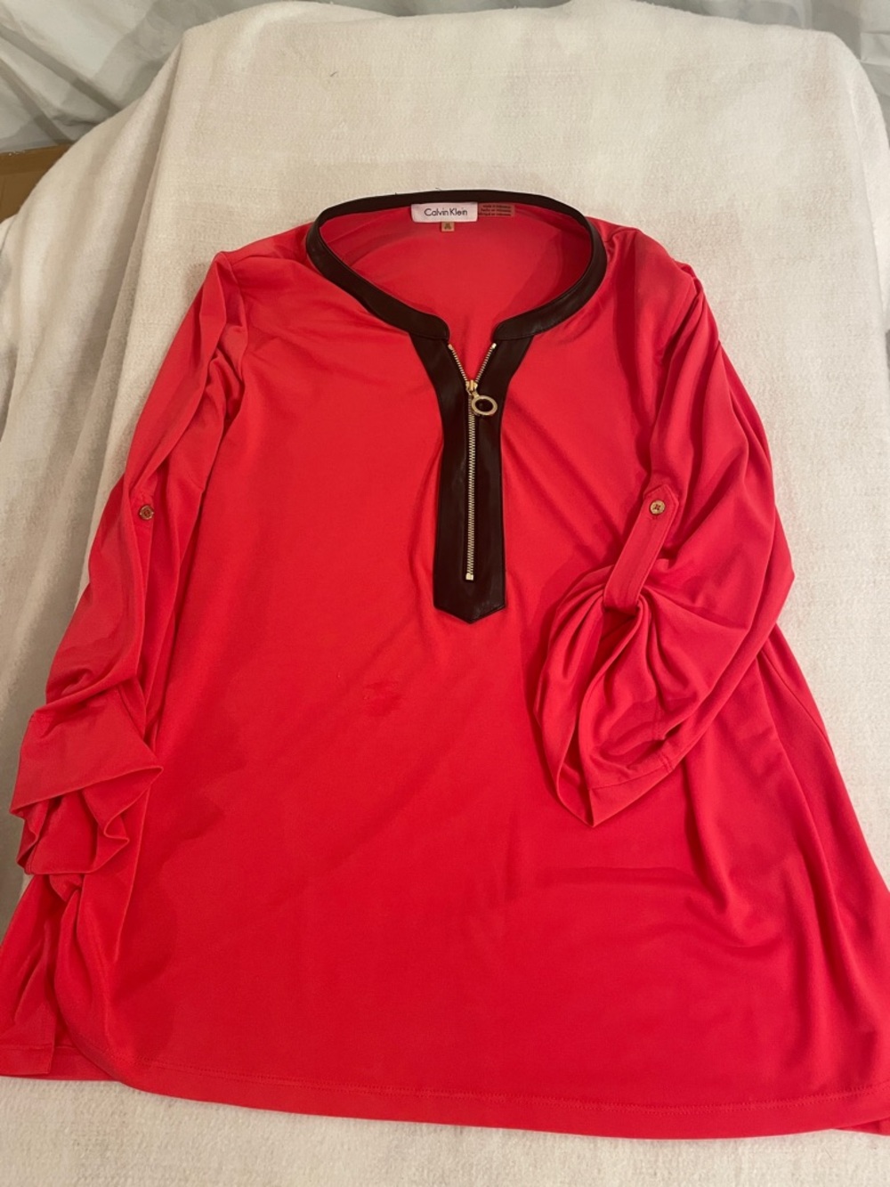 Calvin Klein Coral-Red Zip Front Tunic with Black Trim